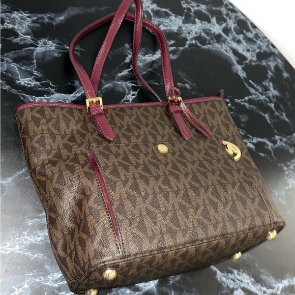 MICHAEL KORS Jet Set Travel Medium Canvas Leather Tote Brown/Red AUTHENTIC - Picture 7 of 10